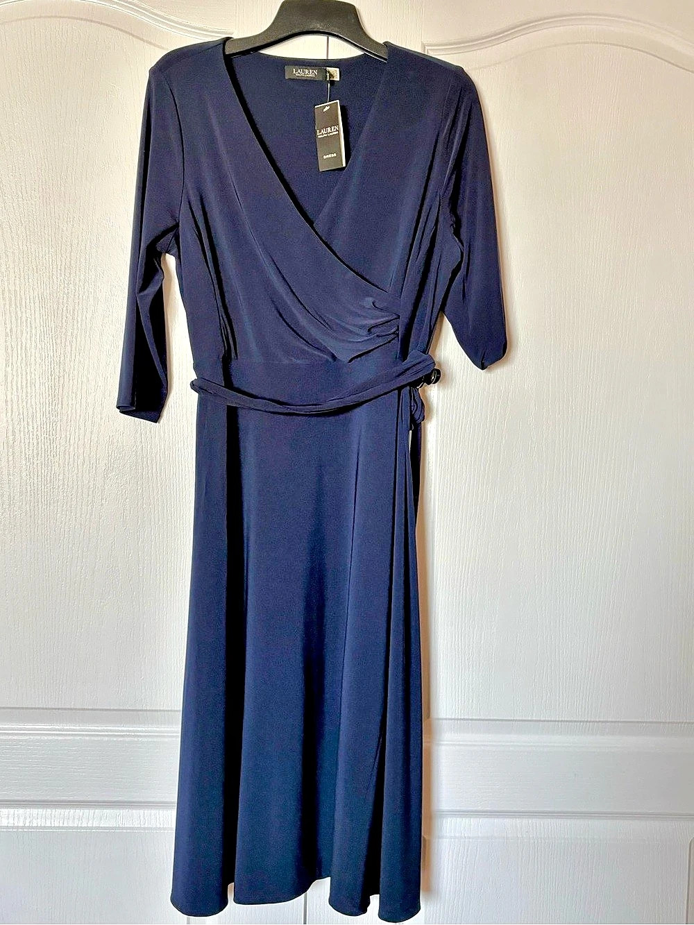 Lauren Ralph Lauren Jersey Faux-Wrap Midi Dress Blue Size 16
